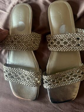 Calvin Klein Metallic Braided Double-Strap Slide Sandals in Gold